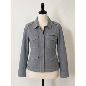 LOFT Hickory Stripe Utility Jacket Blue White Military Field Coat Womens Large